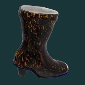Hand Blowen Women's Boot Vase Case Glass Tortoiseshell Cobalt Blue Sole Trim